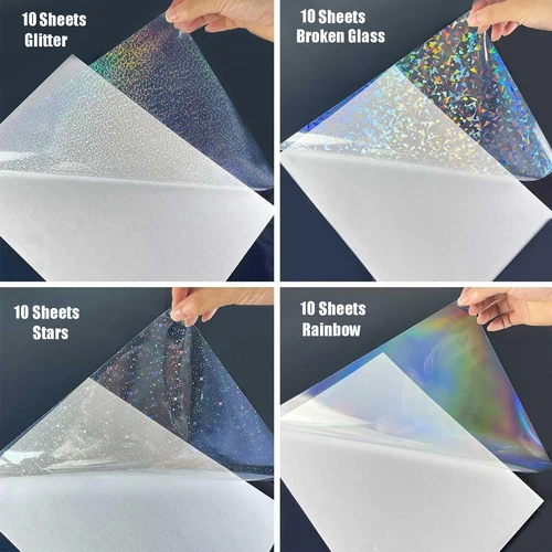40 hojas, 4 estilos, papel adhesivo holográfico mixto, vinilo transparente, autoadhesivo, impermeable, película superpuesta transparente de arcoíris, tamaño A4