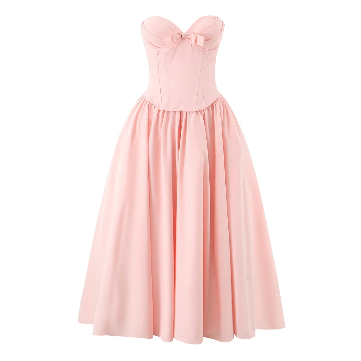 Sweet Atmosphere Knot Decorated Strapless Fishbone Steel Support Waist Cinched Halter Dress Pure Color Long Dress