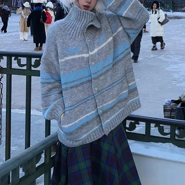 

High Neck Striped Sweater Women's Spring and Autumn New Versatile Outerwear Loose and Lazy Style Knitted Cardigan Jacket