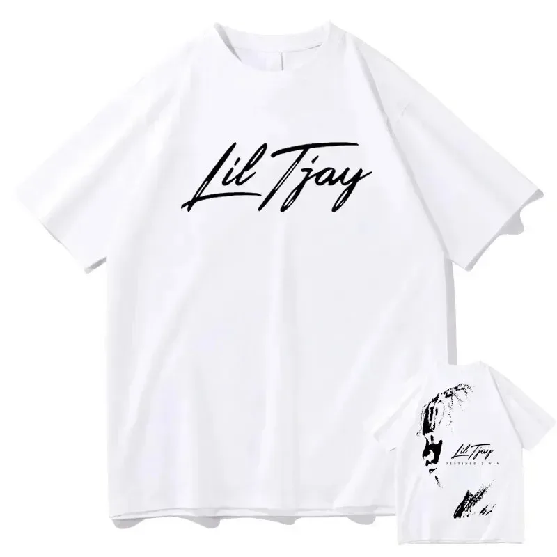 Rapper Lil Tjay Destined 2 Win Double Sided Print T-shirt Men\'s Black Cotton Tshirt Men Women Fashion Oversized Hip Hop T Shirts