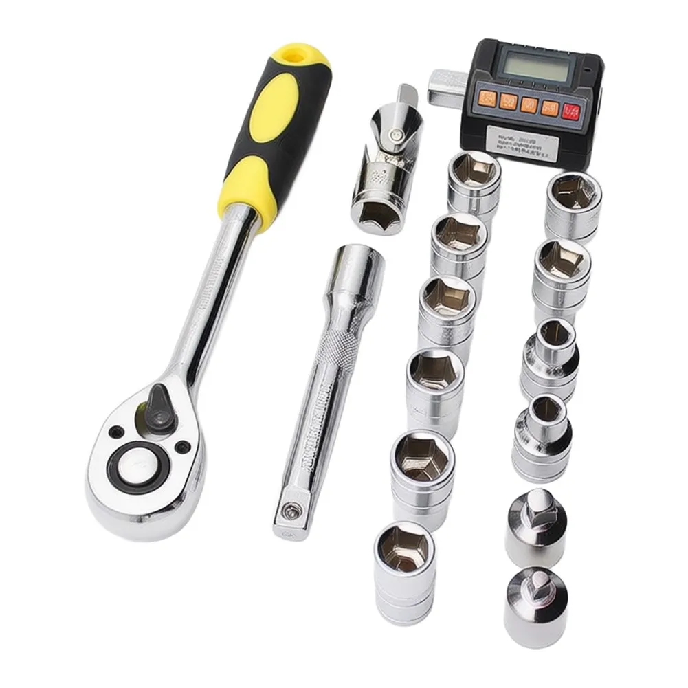 Digital Torque Wrench Set 3-200Nm, ±2% Accuracy LCD Backlight, 4 Units N.m/lbf.ft/kgf.cm, Real-Time/Peak/Preset Modes With Socke