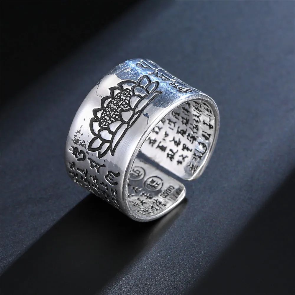 Thai 925 Silver Blessing Ring Vintage Amulet Buddha Lotus Baltic Buddhist Scriptures Opening Rings For Men Women Jewelry