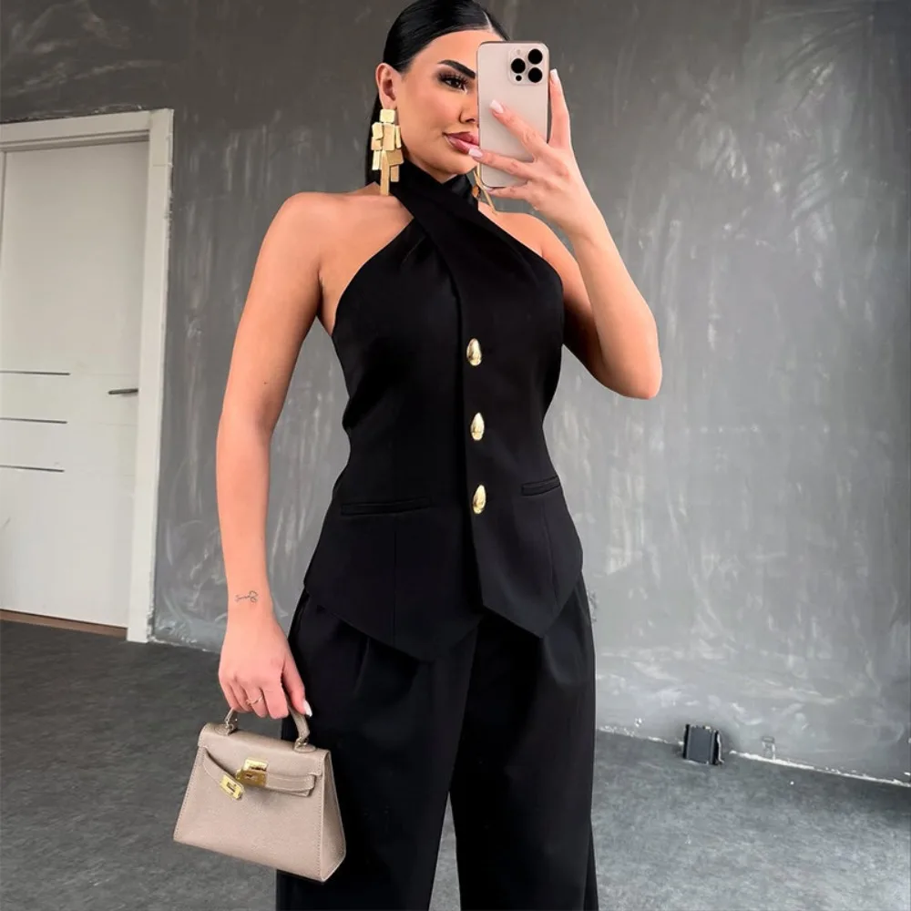 

Women's Summer New Fashion Halterneck Sleeveless Vest High Waist Pants Casual Suit Comfortable Classic Versatile Fashion Simple