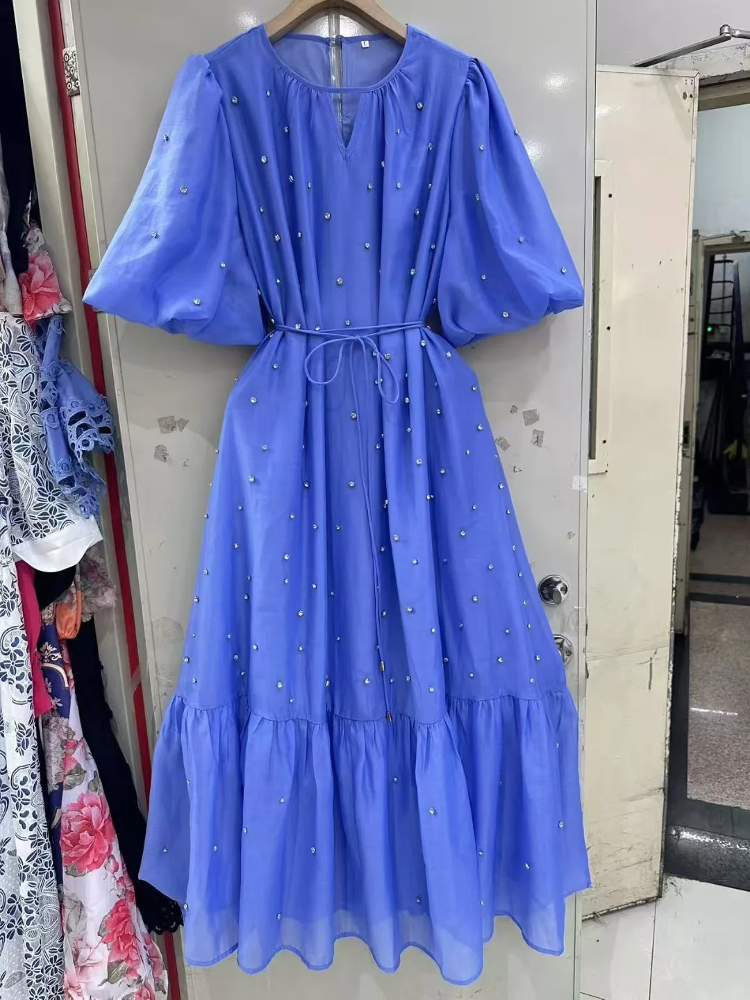 Robe de soirée de luxe en cristal pour femmes, manches courtes, perles, ample, mi-longue, élégante, tenue de soirée, été, automne