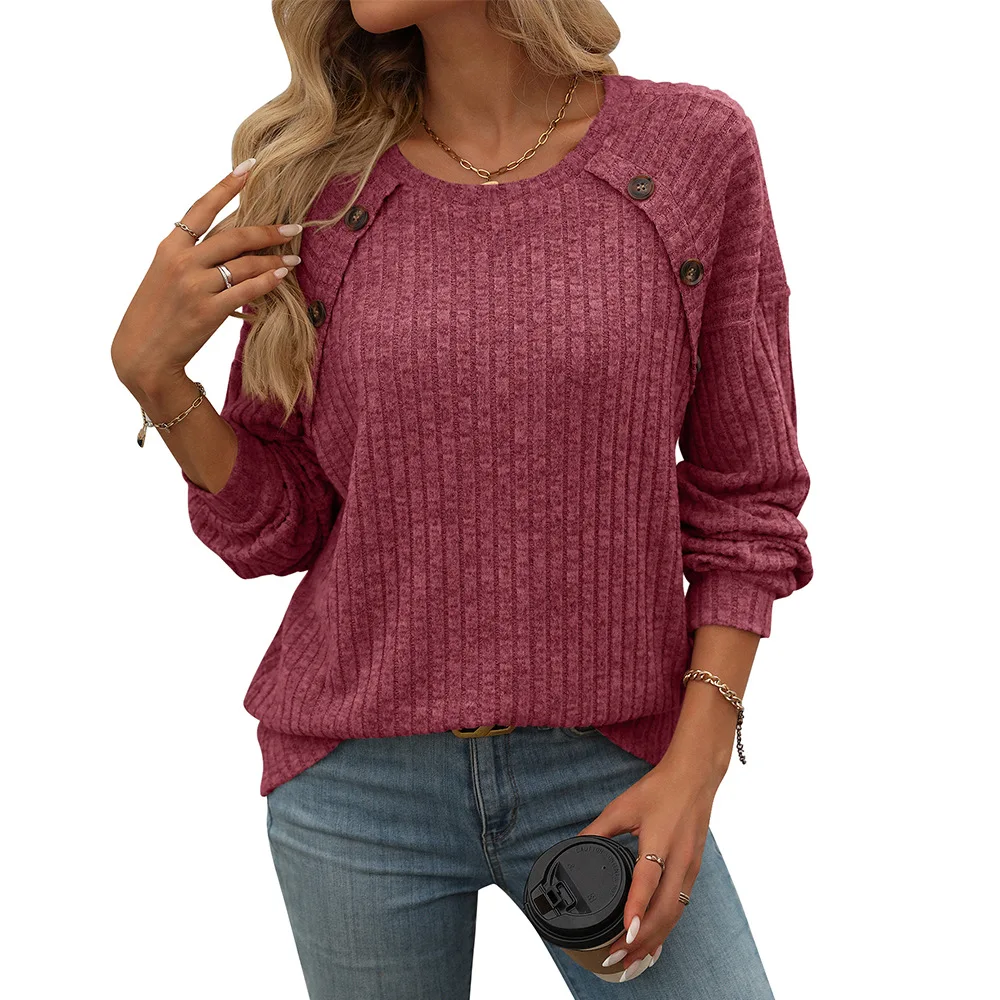 2024 New Women\'s Tee Top With Round Neck And Brushed Solid Color Pullover Tshirts Loose Casual Long Sleeved Button T-shirt