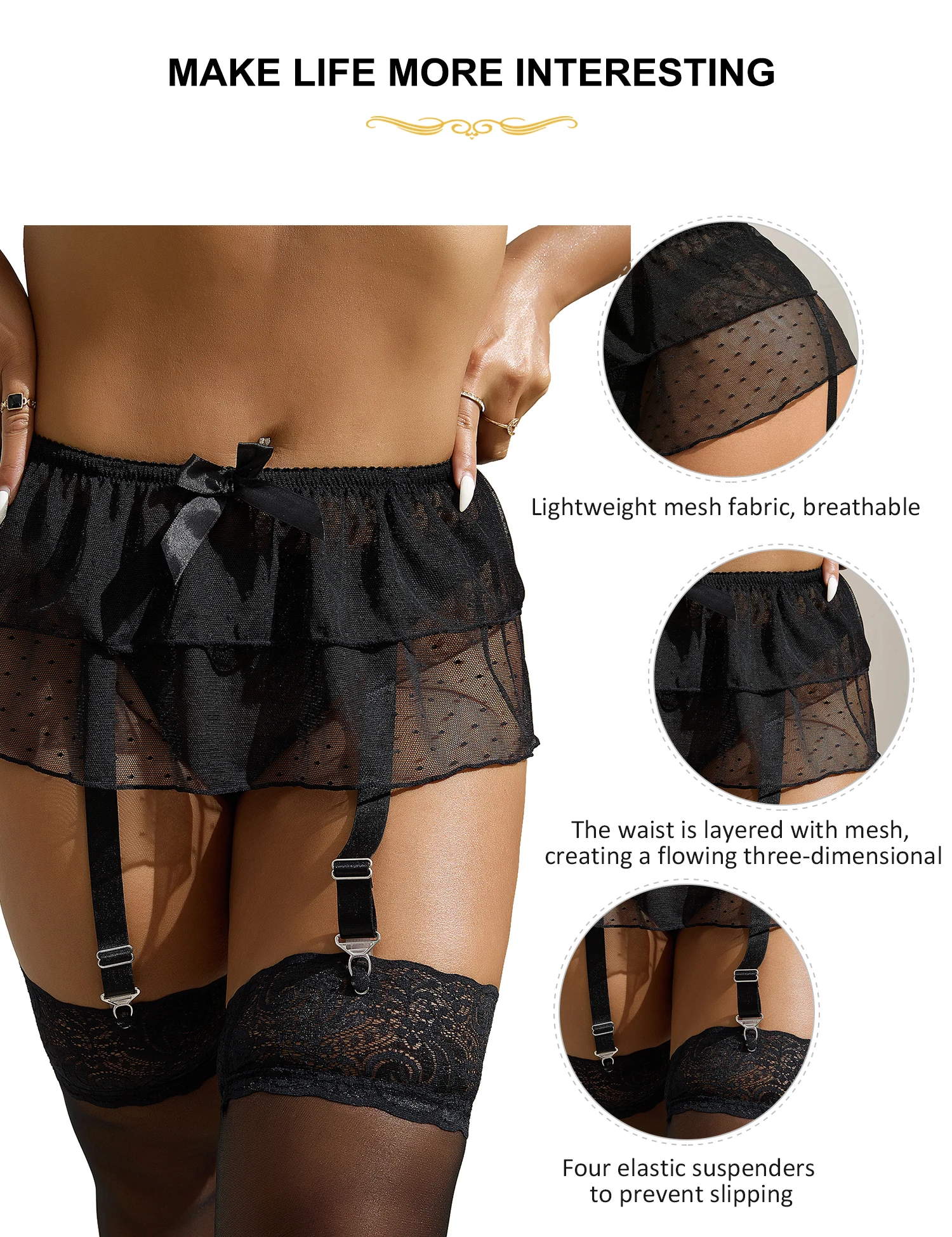 Comeondear Mini Belt Mesh Lingerie Skirt Sexy Plus Size Suspenders Underwear Briefs Stockings Set High Elastic Garter Band Panty