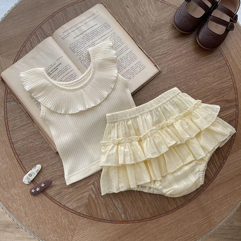 

MILANCEL Baby Clothing Set Backless Ruffle Tee And Doulbe Layers Bloomer Girls Suit