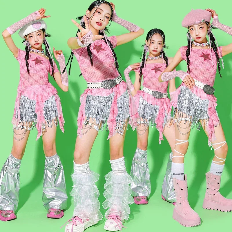 Girls K-pop Sweet Off Shoulder Crop Top Sequin Shorts Kids Hip Hop Jazz Street Dance Clothes Sets Children Girl Group Streetwear