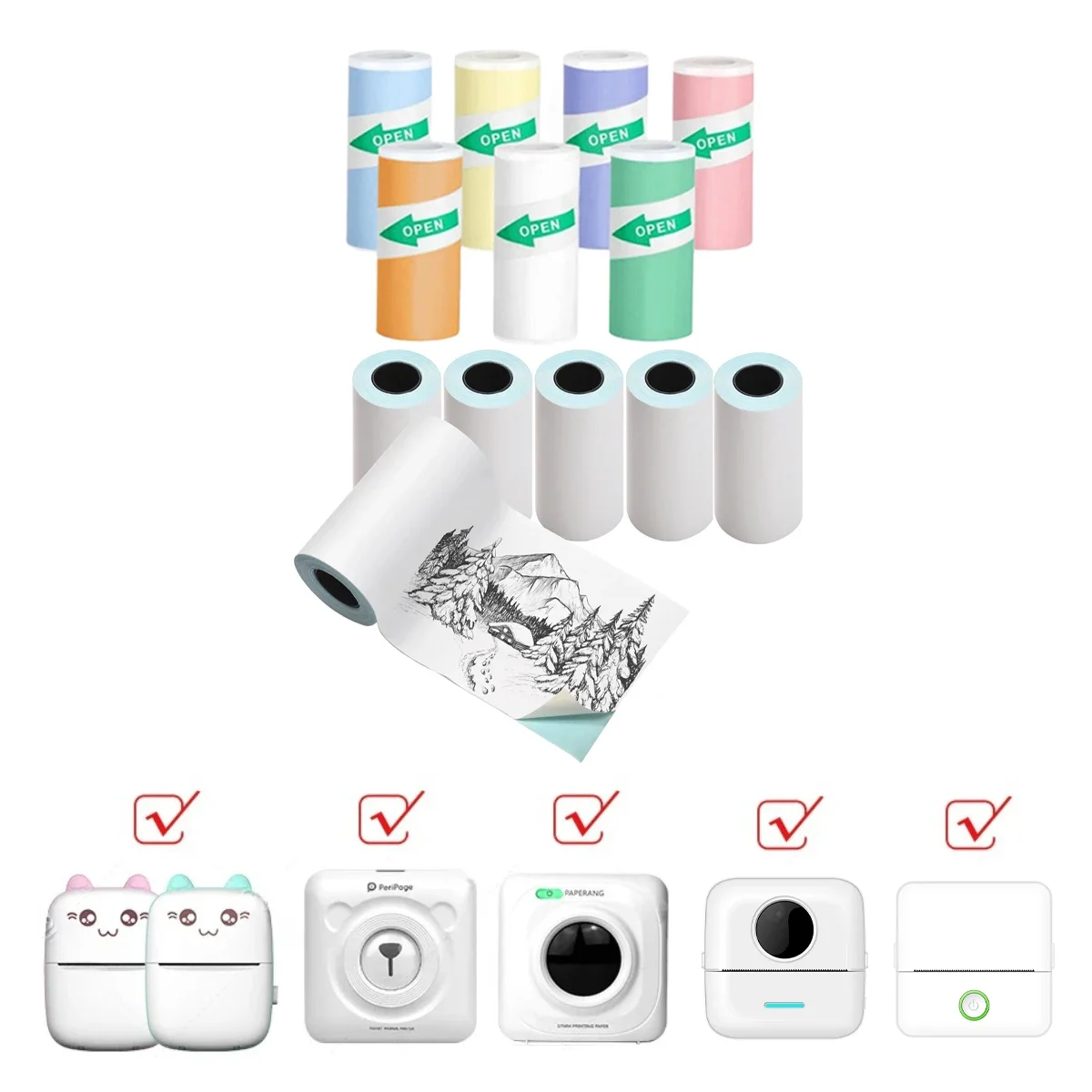 Color Label Sticker Mini Printer Thermal Paper 57mm 10ft Self-adhesive Thermal Printing Paper For Inkless Printing Photo Picture