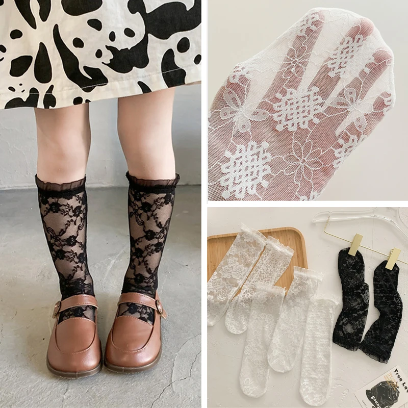 Summer Baby Girls Cute Mesh Sock Korean Lolita Princess Lace Hollow Black Calf Stockings for Kids Thin Knee High Long Socks