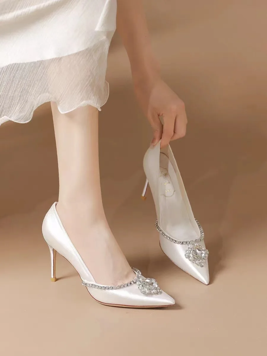 

White Pointed Toe Sandals Summer Crystal Slip on Stiletto Cover Heels Women Shoes Solid Zapatos Mujer