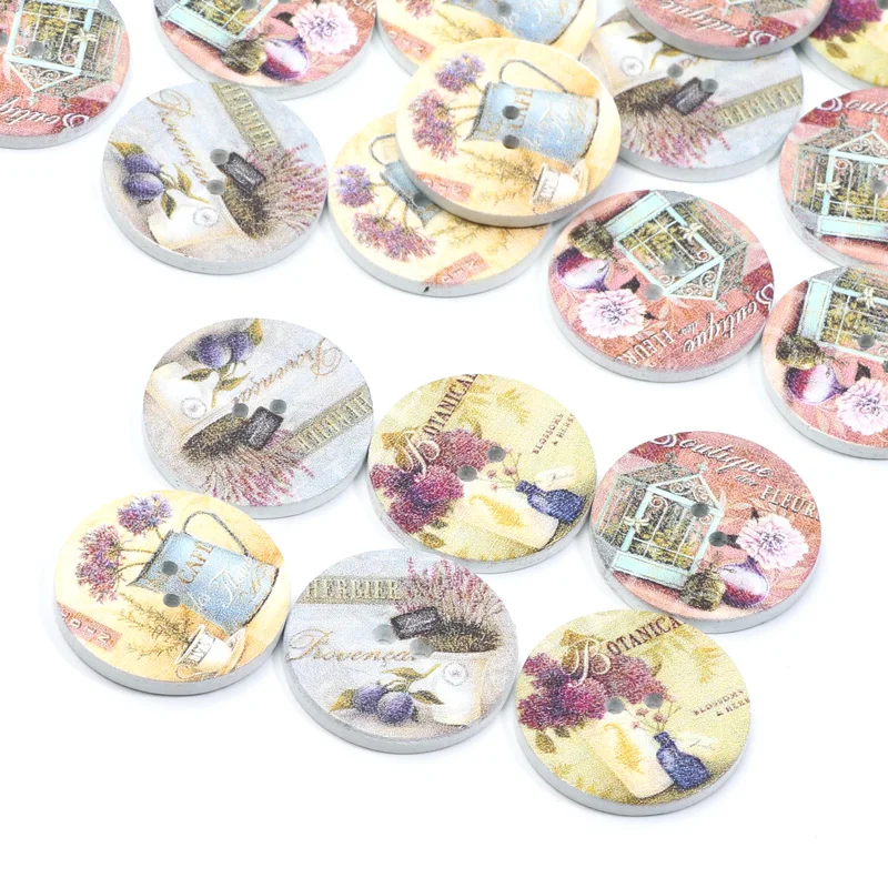 20pcs 20/25mm Oil Painting Pattern Wooden Buttons For Clothes Decorative Crafts Supplies Diy Needlework Sewing Accessories