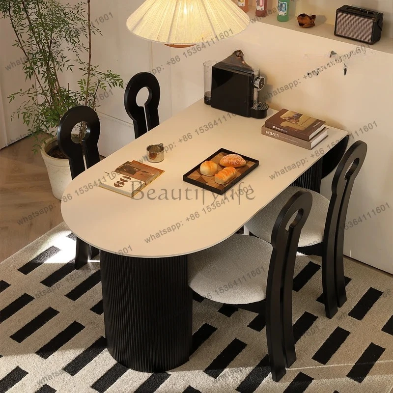 Semi-oval rock slab dining table and chairs small apartment French cream medium antique household foldable telescopic