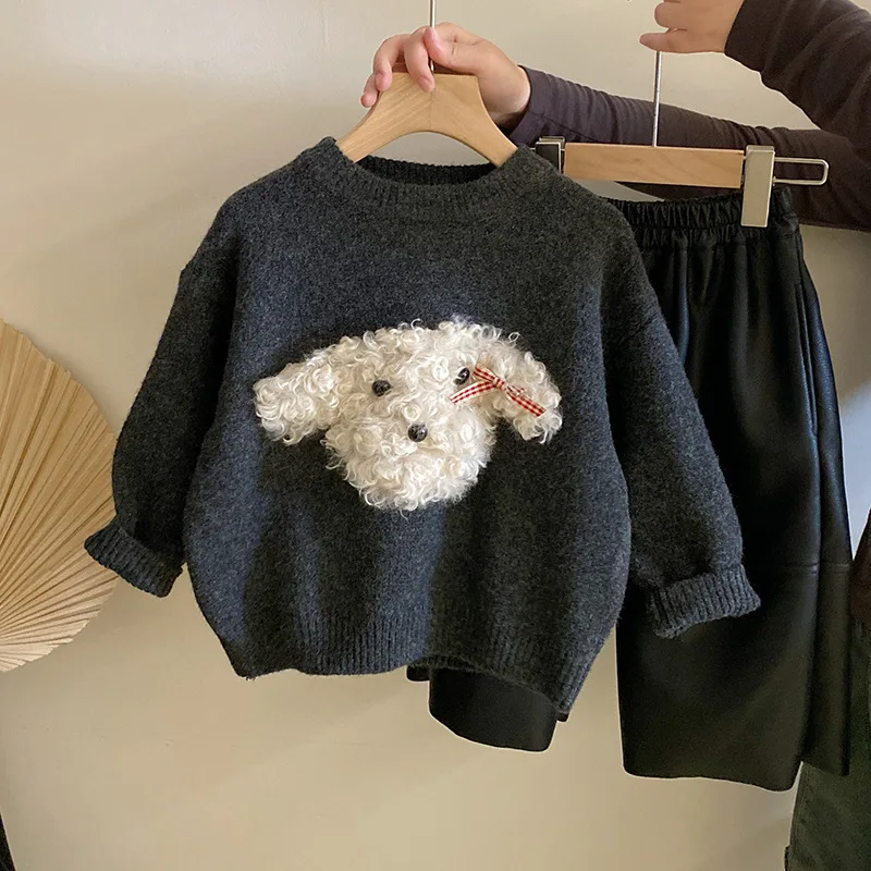 Girls’ Cute Three-dimensional Plush Puppy Knitted Sweater 2024 Autumn and Winter New Velvet Thermal Pants Set