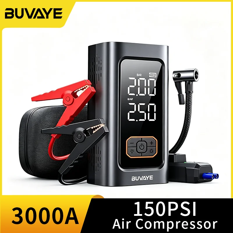 BUVAYE Car Jump Starter 3000A 12V Car Battery Booster 150PSI Portable Air Pump Starting Auxiliary With Air Compressor Power Bank