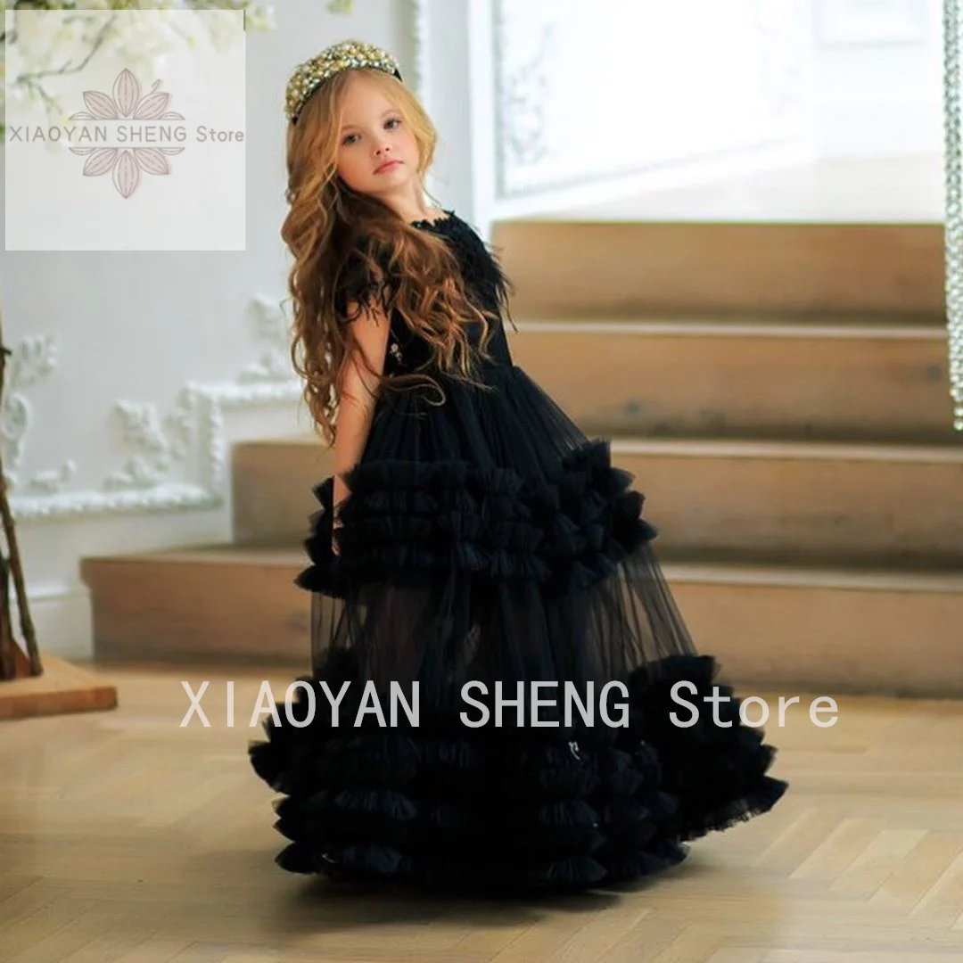 

Chic Black Feather Flower Girl Dresses For Wedding Beaded Toddler Pageant Gowns Bateau Neck Floor Length Ruffled Tulle Kids Prom