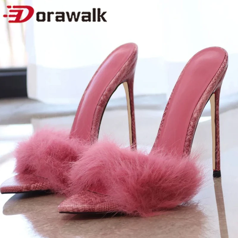 

Furry Flufft Pink Sweet 12cm Woman Slipper Fur High Heel Party evening Birthday Sexy Sandal Pointed Toe Ladies Slingback Shoes