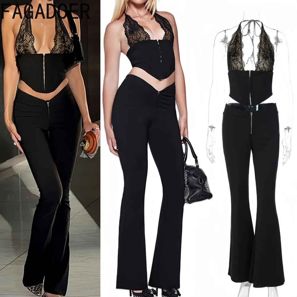 

FAGADOER Sexy Patchwork 2 Pieces Set for Woman Outfit Spaghetti Strap Sleeveless Backless Crop Top and Pants Female Streetwear