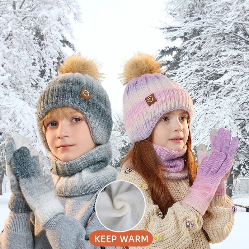 3pcs/Set Winter Warm Children's Beanie Hat Neck Scarf Gloves Set Plush Thick Gradient Warm Necessaries Outdoor Sports Playing