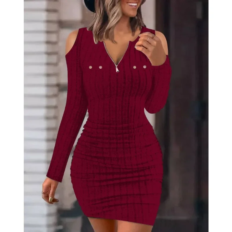 

Autumn Commuter Women's Long Sleeved Dress Simple Solid Color Zipper V-neck Dress Tight Wrap Hip Slim Fit Casual Women's Dress