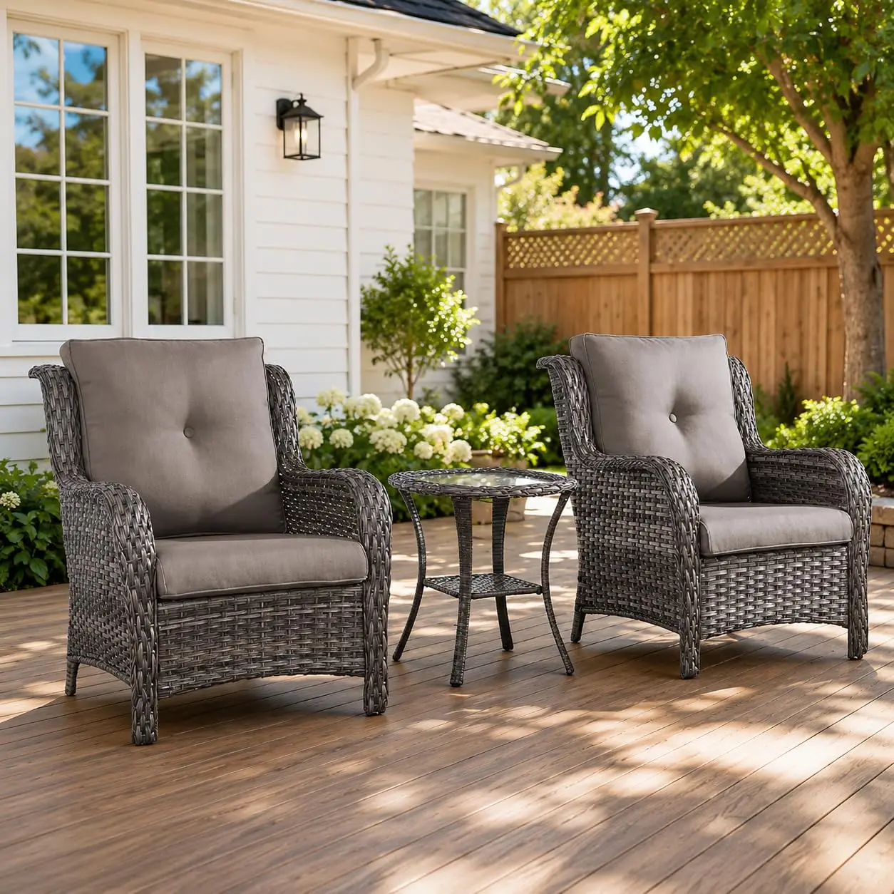 Set 3 Piece Outdoor Rattan Furniture with 2 Armrest Chairs & 1 Side Table for Porch Deck Garden, Customized