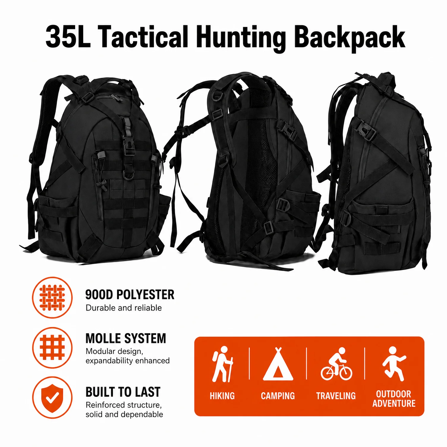 Mochila táctica de caza con tiras reflectantes, sistema de carga modular Molle, para viajes diarios, fitness, viajes, camping, senderismo, almacenamiento al aire libre, bolso de hombro para hombre