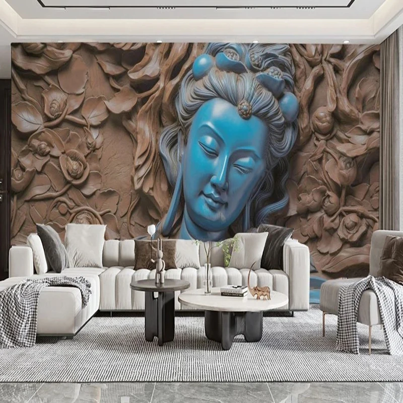 Custom Size Mural 3D Relief Avalokitesvara Photo Wallpaper Living Room Hotel Ecclesia Background Decor Fresco 3D Papel De Parede