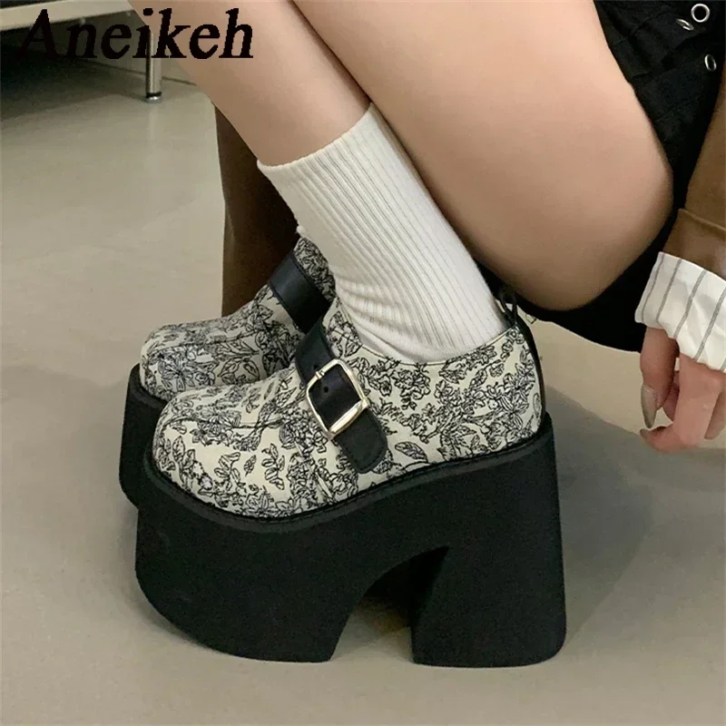 Aneikeh Fashion Mixed Colors Black Thick Soled Ankle Boots for Women 2025 New Spring Short Boots High Heels Zipper Botas Muje