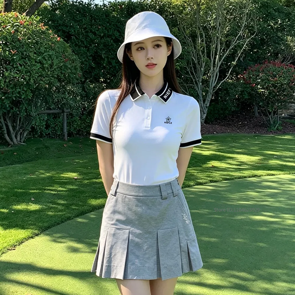 niefle-夏ゴルフポロシャツ女性ラペル半袖トップスレディースヴィンテージテニスゴルフスカートプリーツ-a-ラインスカートスポーツウェア