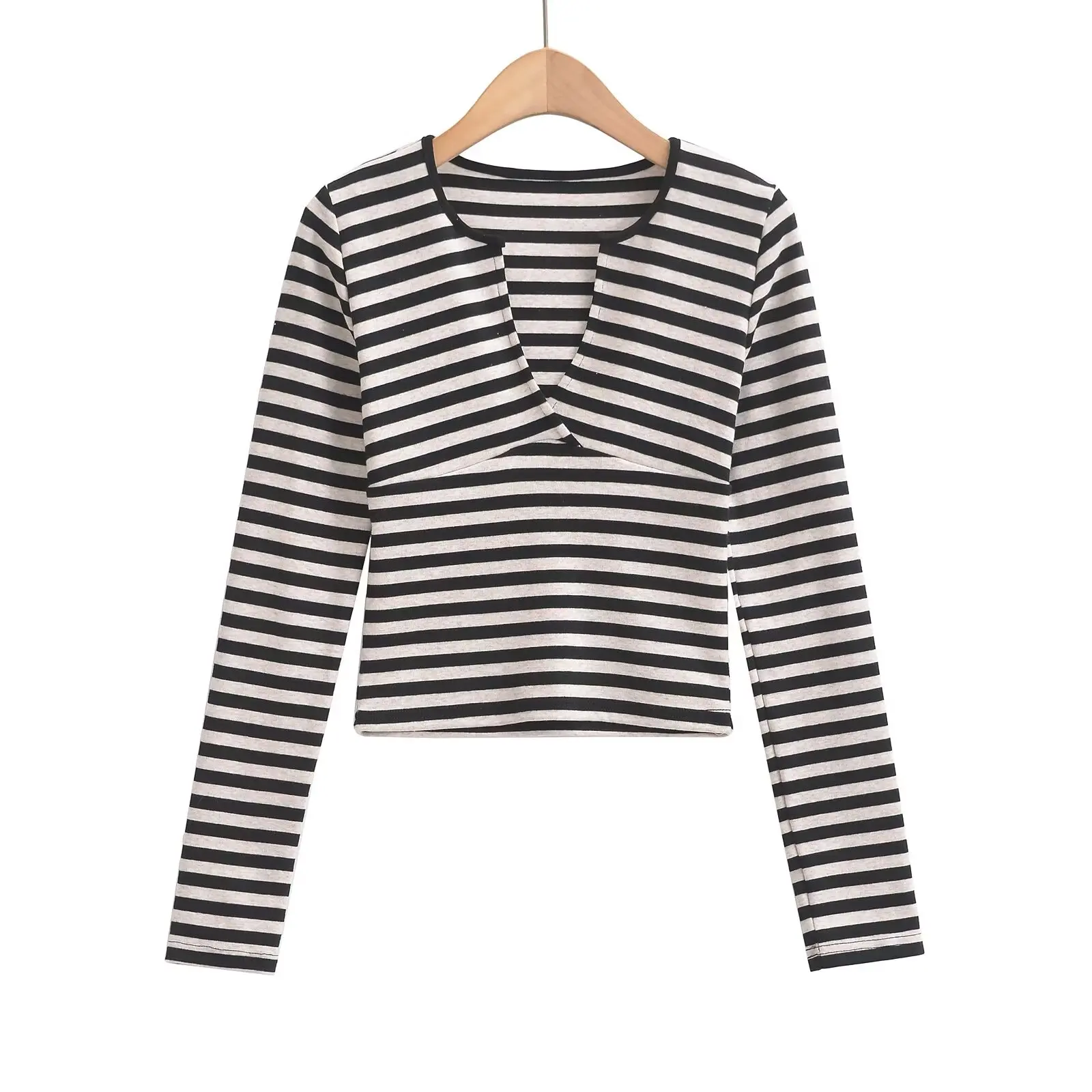 Seksowna amerykańska koszulka w paski, damska, wiosenno-jesienna, dopasowana, z długim rękawem, głęboki dekolt w serek, bazowa koszulka, czysta pokusa.