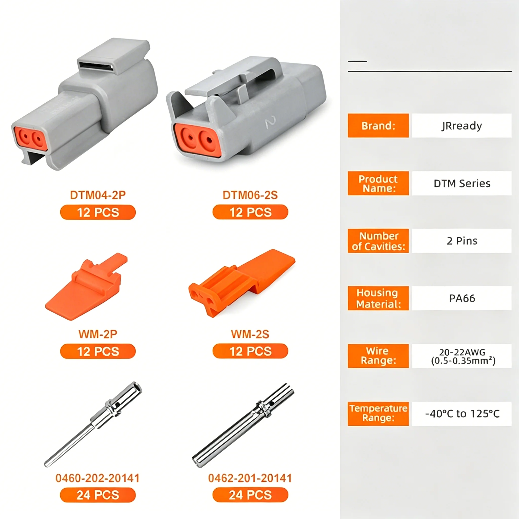 JRready 2~12-Pin Deutsch DTM Connector Kit with #20 Solid Contacts, 16-22 AWG -Waterproof Marine, Truck,Alternative Energy