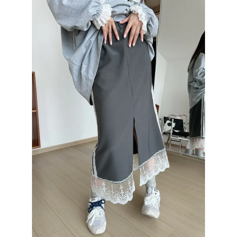 Korean Contrast Color Lace Splicing Loose A-line Skirt Women 2024 Autumn New High Street Fashion All Match Mid-length Skirt