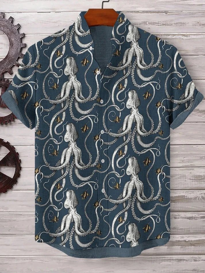 

Fashion Men's Casual Sea Life Graphic Short Sleeve Shirt Button Down Lapel Shirts Oversized Tops Casual Hawaiian Shirt for Man