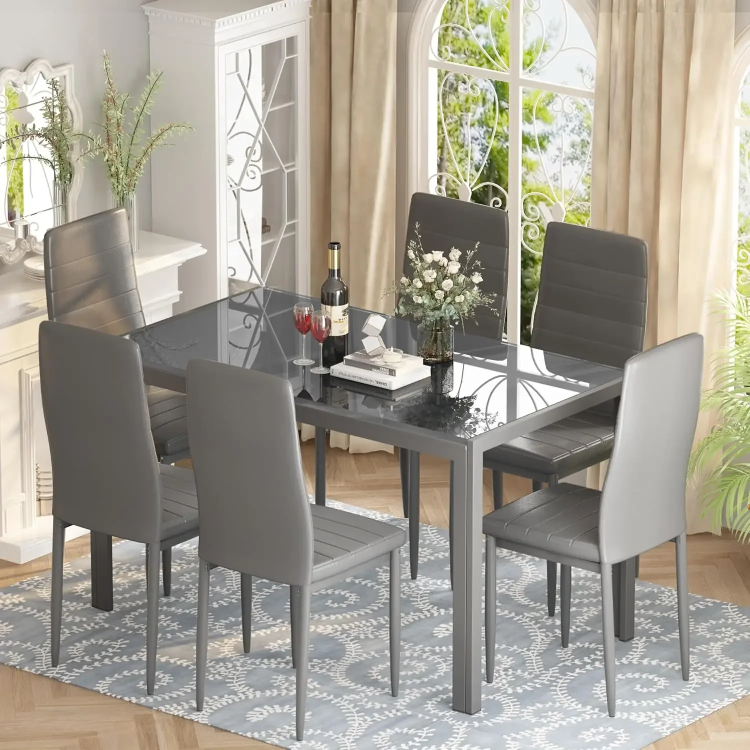 Piece Kitchen 6 Person, Tempered Glass Table and PU Leather Chairs Modern Dining Room Sets for Small Space, Grey