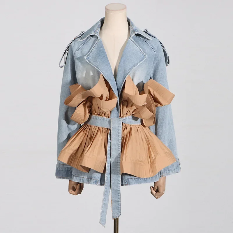 Women Turn Down Collar Contrast Color Ruffles Folds Coat Denim Coat Ruched Lotus Jeans Jacket Straps Belted Cardigan Tops 2024