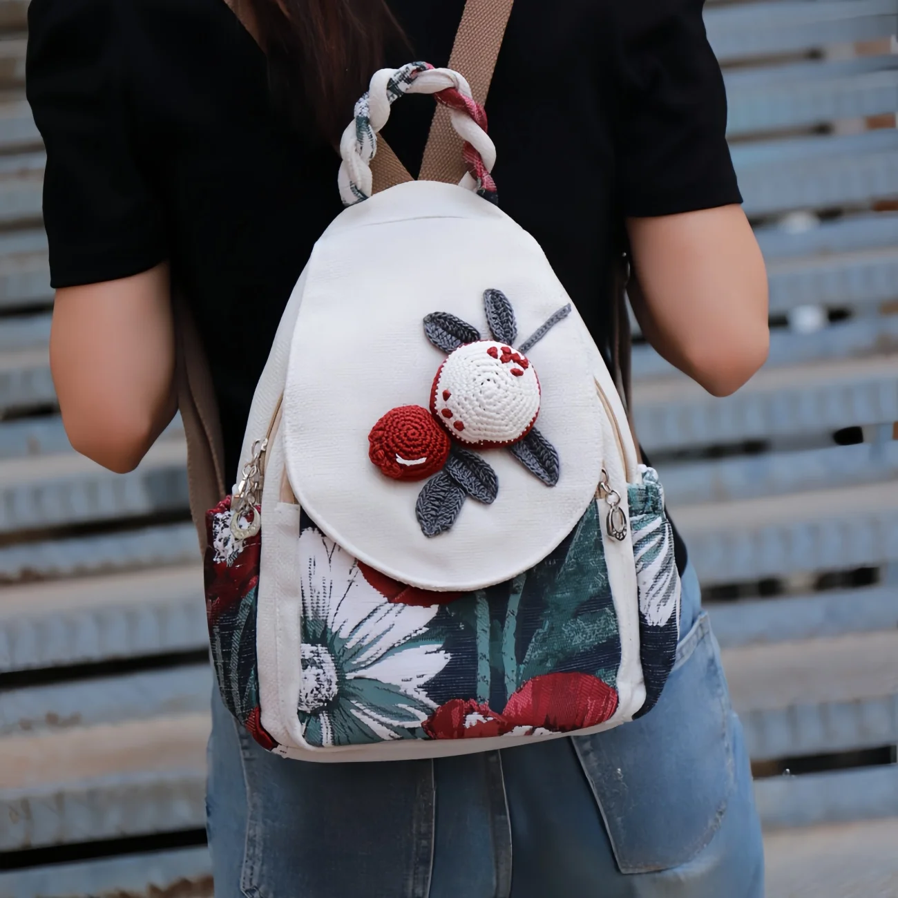 3D flower hand woven multi layered canvas bag, birthday gift for girlfriend