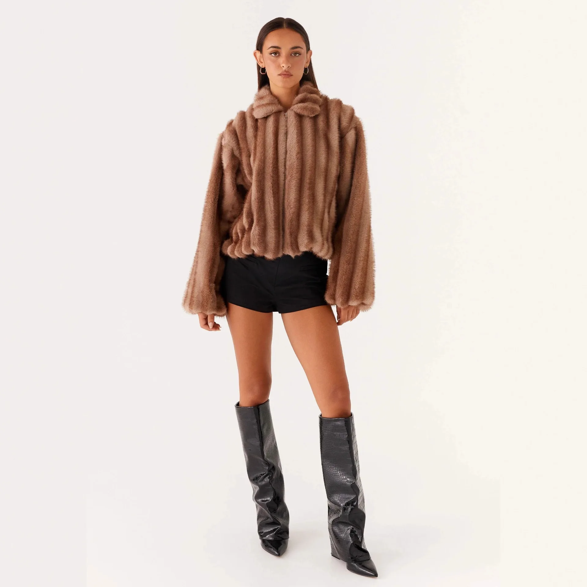 KIDCRKJ Kunstpelz-Damenmantel, Umlegekragen, volle Ärmel, Reißverschluss, Damen-Nerzpelzjacke, lockere High Street, dick, warm, Damen-Outwear