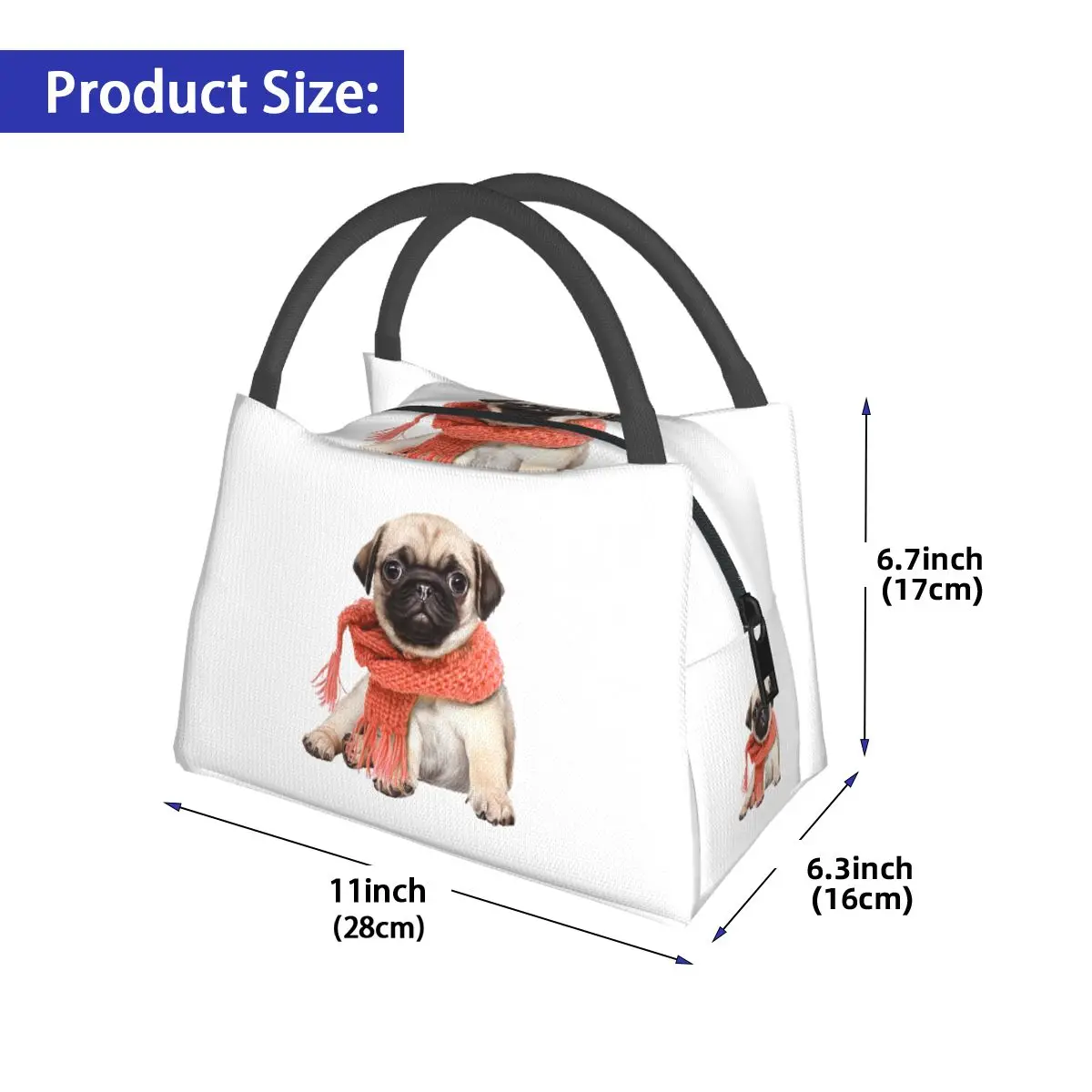 Winter Funny Fawn Pug Funny Dog Lover Insulated Lunch Bag for School Bento Storage Food Boxes Container Cooler Thermal Lunch Box