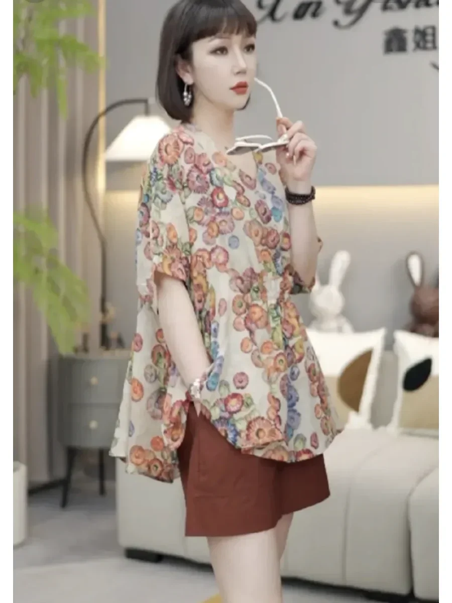 Women's Summer Vintage Floral Print Chic Blouse Casual V Neck Short Sleeve Shirt Ruffled Loose Irregular Womens Tops Blouses