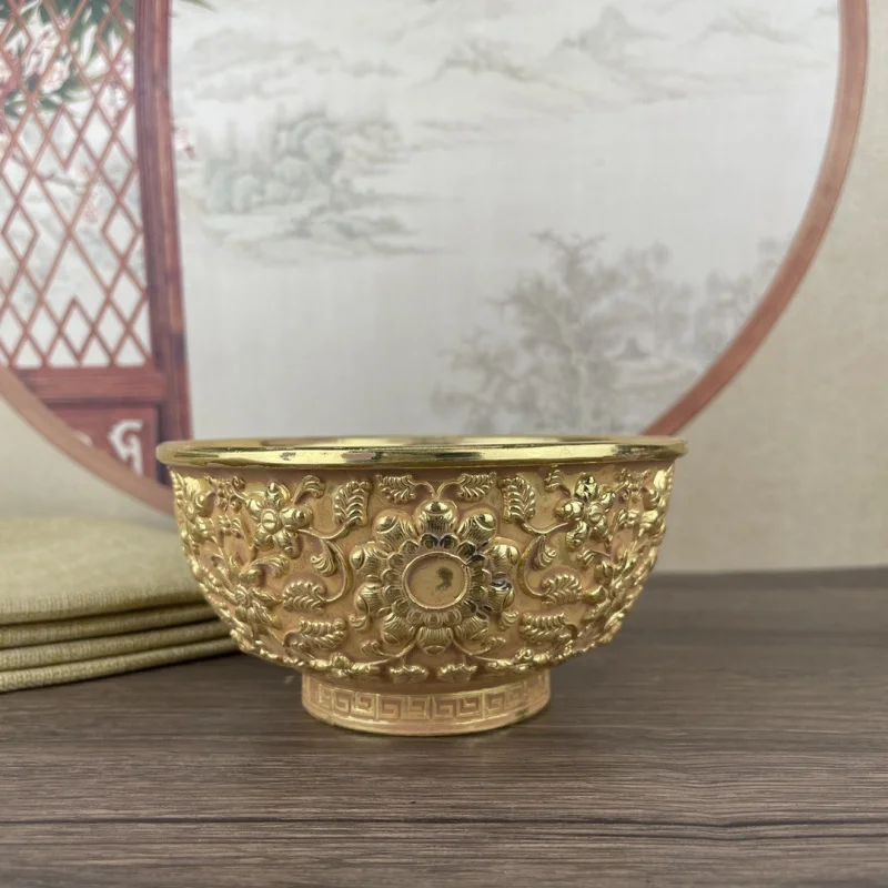 Antique Gilt Flower Bowl Collectible Gift Ornament, Retro New Chinese Style Study Office Decorative Decoration