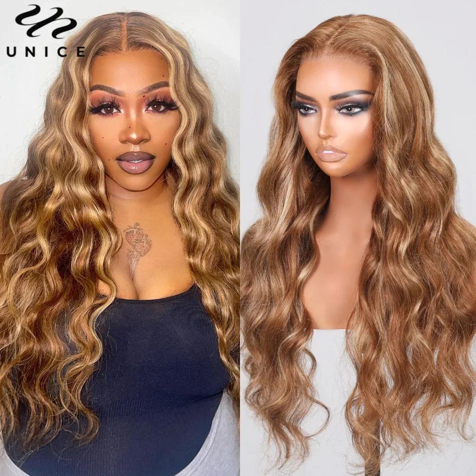 

UNice Hair Glueless Wear Go Pre Bleached Knots 7x5 Lace Wig TL412 Brown Blonde Highlight Body Wave Wig Human Hair Lace Front Wig