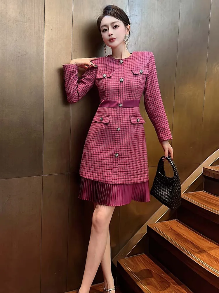 ZJYT Designer Elegant Women\'s Autumn Tweed Dress Long Sleeve 2024 Fashion Plaid Pleated Casual Dress Female Clothing Vestidos