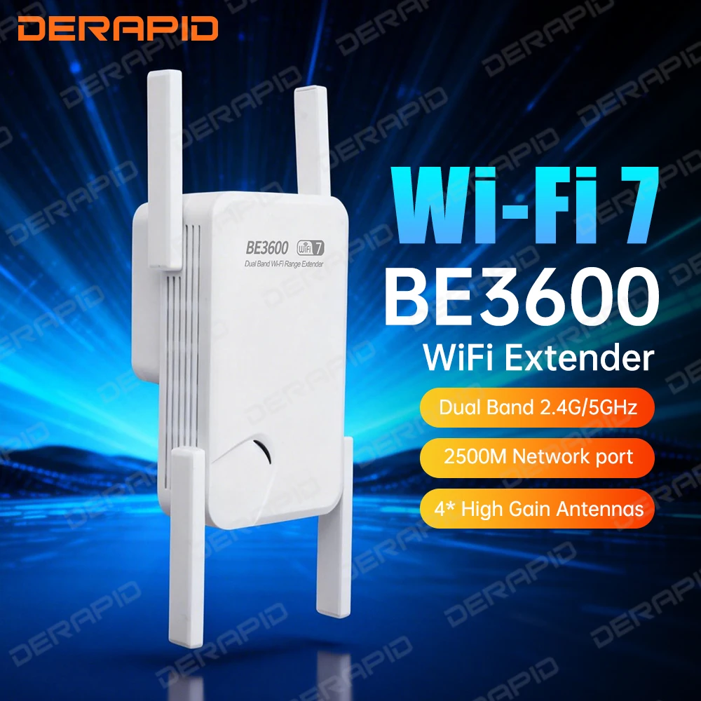 

WiFi 7 3600Mbps Wi-Fi Range Extender 2.4G/5G Repeater with 4 High Gain Antennas EU US Plug Signal Amplifier WPS Reset Router
