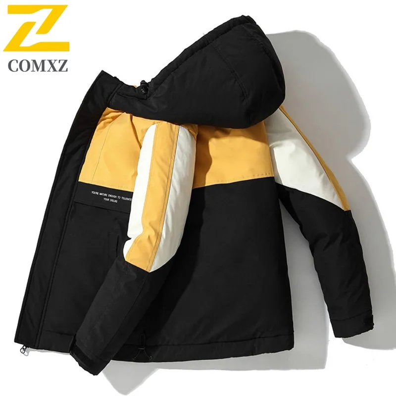 เสื้อโค้ทพัฟเฟอร์ผู้ชาย COMXZ รุ่นใหม่ แบบมีฮู้ด ตัดต่อผ้า สำหรับกิจกรรมกลางแจ้ง กันลม เหมาะสำหรับการเดินทาง ปีนเขา ป้องกันความหนาว