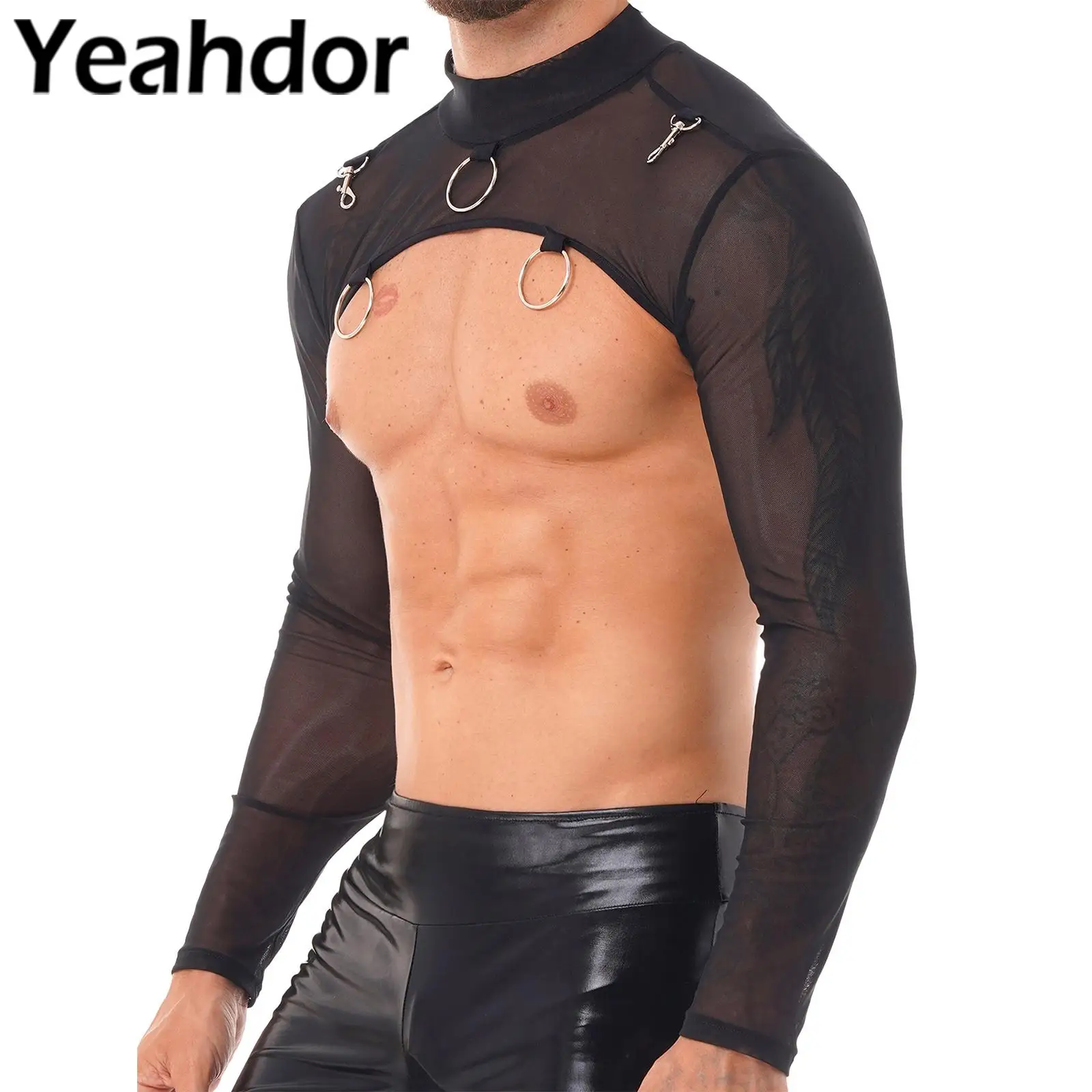 Mens Mesh Half Crop Tops Long Sleeve See Through T-Shirt Lingerie Nightwear Crop Top Party Stage Performance Clubwear Costumes