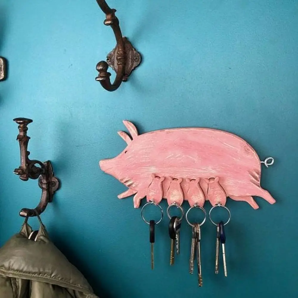 

Cute Pink Wooden Piggy Key Ring Small Wall Mounted Clothes Hanger Rustic Decorative Car Hanger Farmhouse