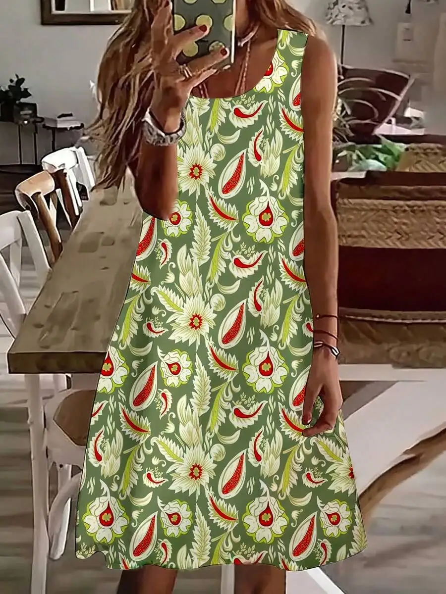 

Women Sleeveless Floral Leaf Print Summer Holiday Dress