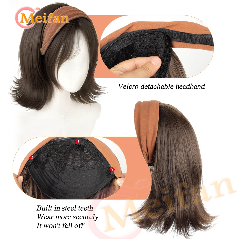    عصابة رأس قصيرة مستقيمة من القماش نصف باروكة للفتيات قطعة شعر صناعية منفوشة طبيعية مع مشبك ربطة شعر في وصلة شعر