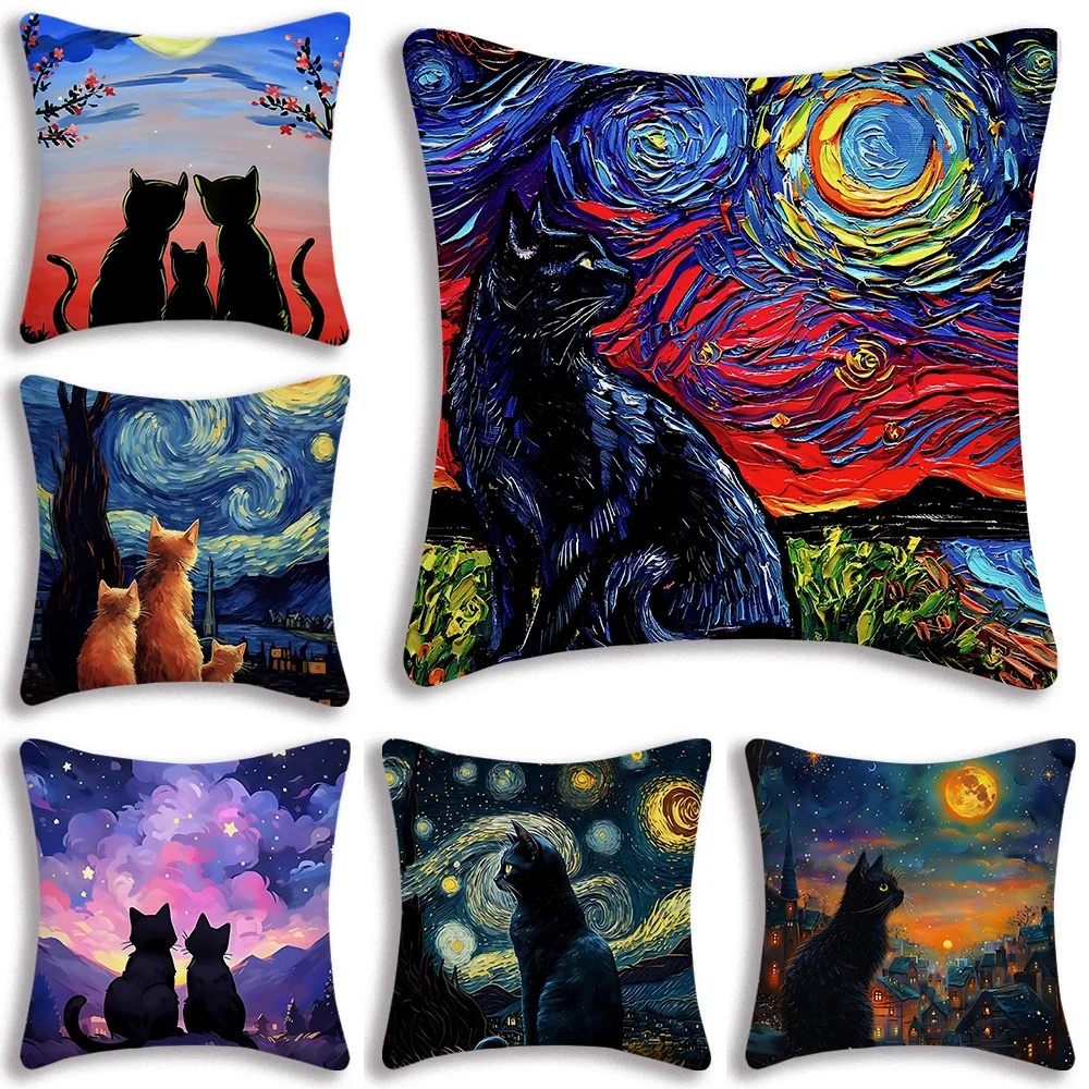 Midnight Cat Pillow Covers Cartoon Sofa Decorative Home Double-sided Printing Short Plush Cute Cushion Cover