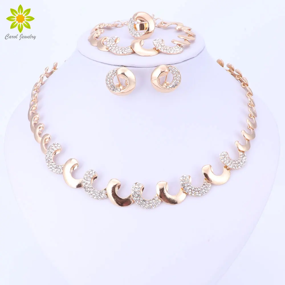 Gold Color African Beads Jewelry Sets For Women Party Nigerian Bridal Crystal Classic Necklace Accessories